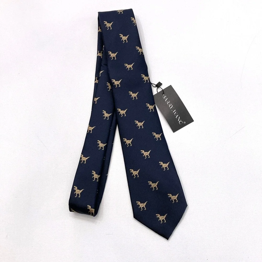 Barry Wang Dinosaur Tie Navy Blue 100% Silk T-Rex 59